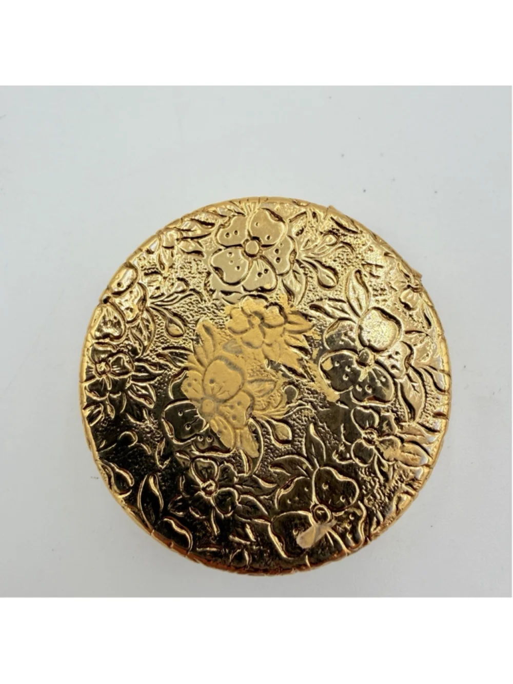 Rose Floral PILL BOX Gold Tone Ornate Round 2 Compartment Compact 2 Inch